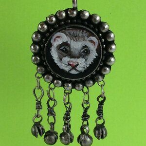Handpainted Ferret Pendant Silvertone Metal Long Pet Artisan Danglers Polecat